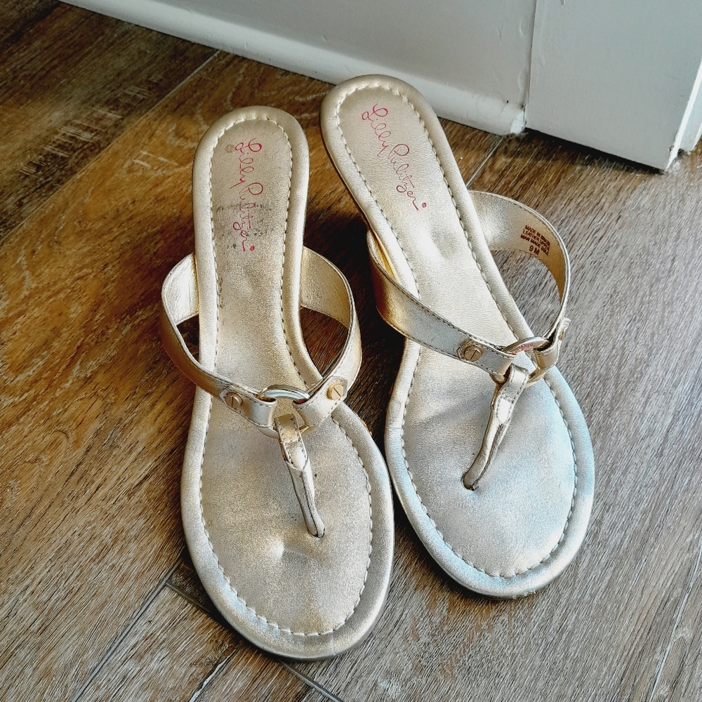 LILLY PULITZER Gold Metallic Tone with Jute Wedge Heels Sandals sz: 9M
